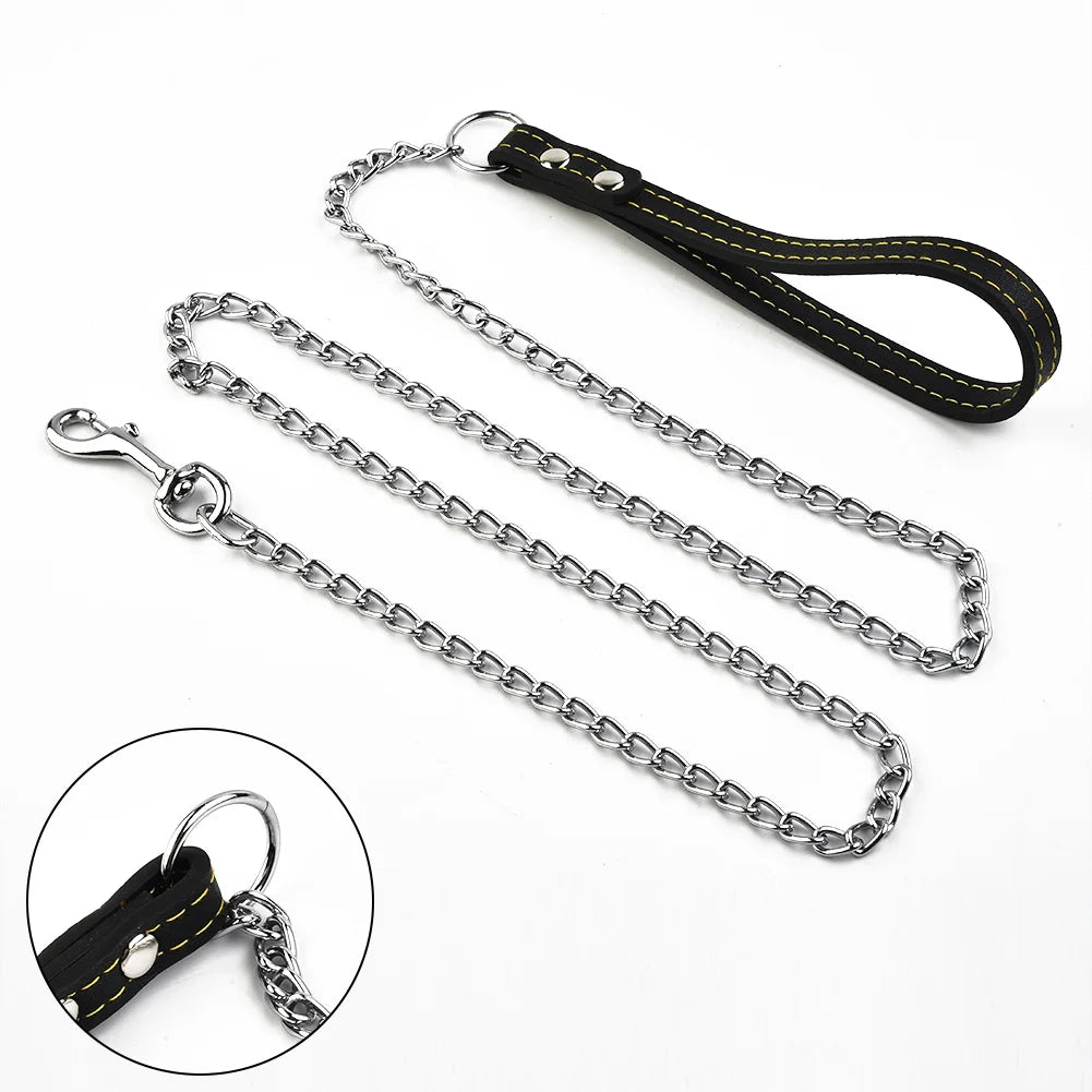 Metal Chain Dog Lead with Leather Dog Harness 